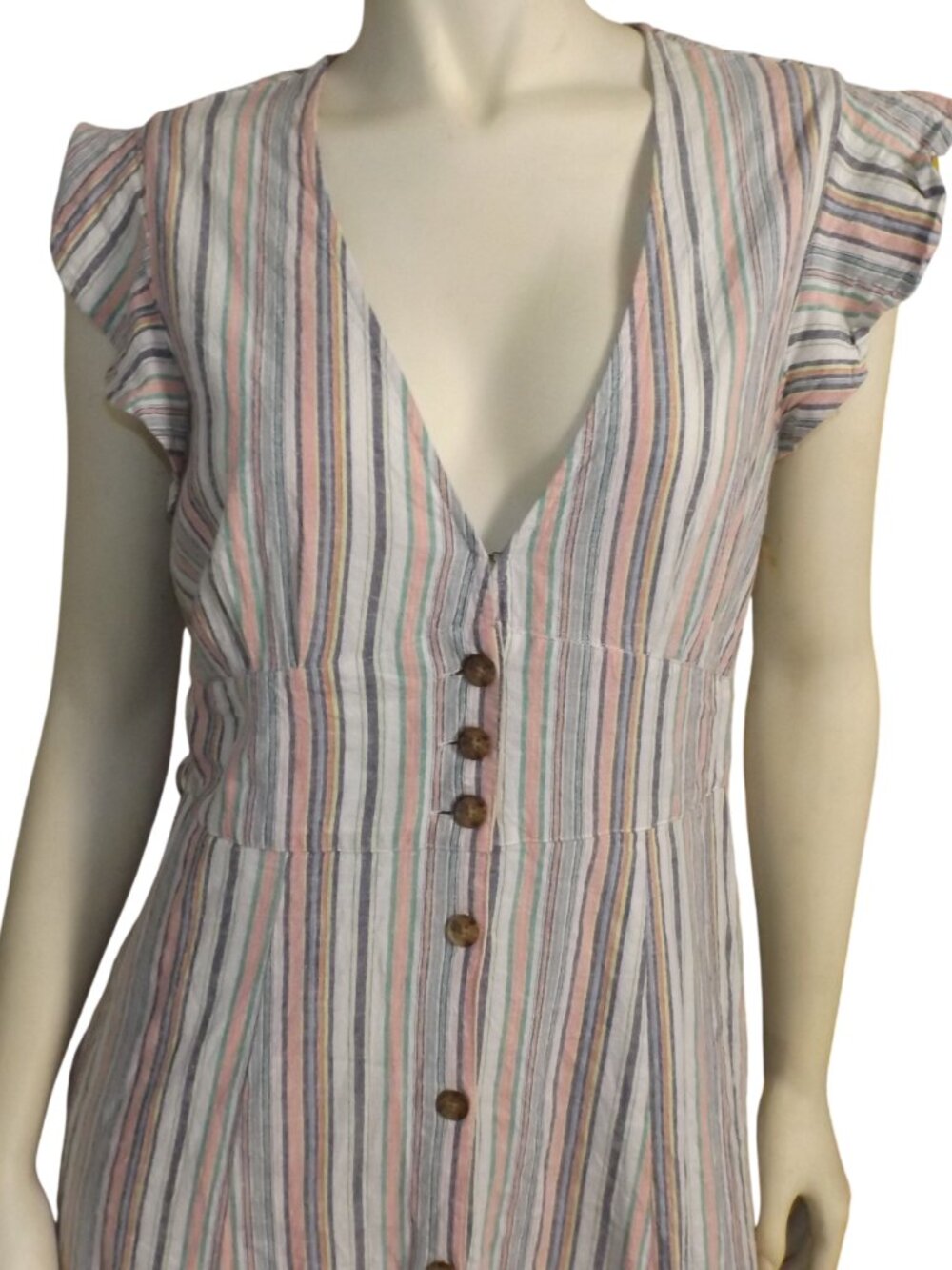 MARINE LAYER Midi Dress, L, Multicolor Stripes, Button front, Ruffle cap sleeve - Picture 2 of 15